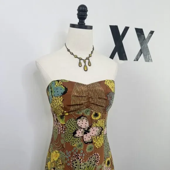 Vintage Y2K Nanette Lepore 100% Silk Floral Strapless Dress Ruffle Fairy 2 - Picture 2 of 9